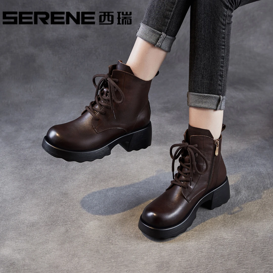 西瑞女鞋复古英伦风秋冬时尚百搭女鞋厚底粗跟圆头系带马丁靴女靴