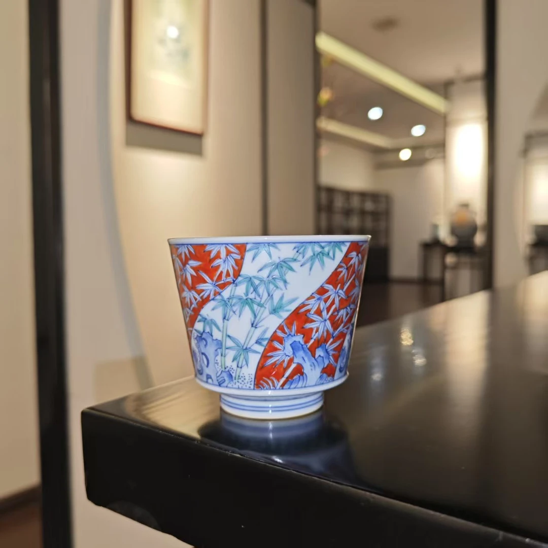 【墨舍名窑】涂杏花斗彩开瓣矾红竹纹主人杯 陶瓷