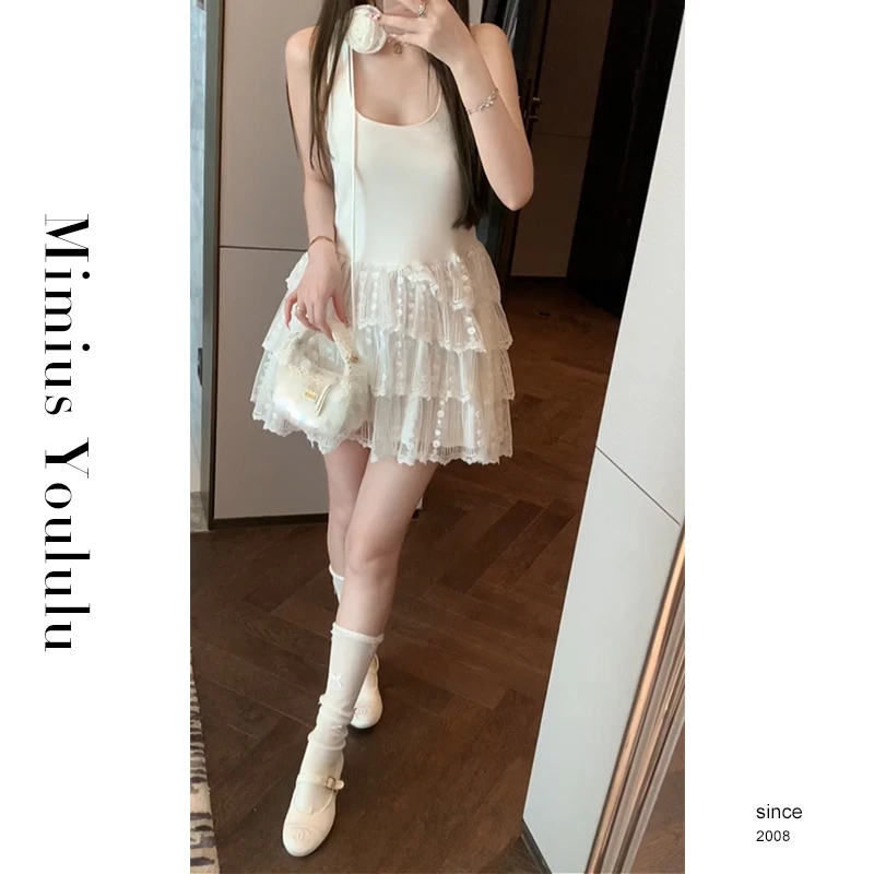 【mimius】&喵喵 甜美芭蕾风拼接蕾丝无袖连衣裙 G02125