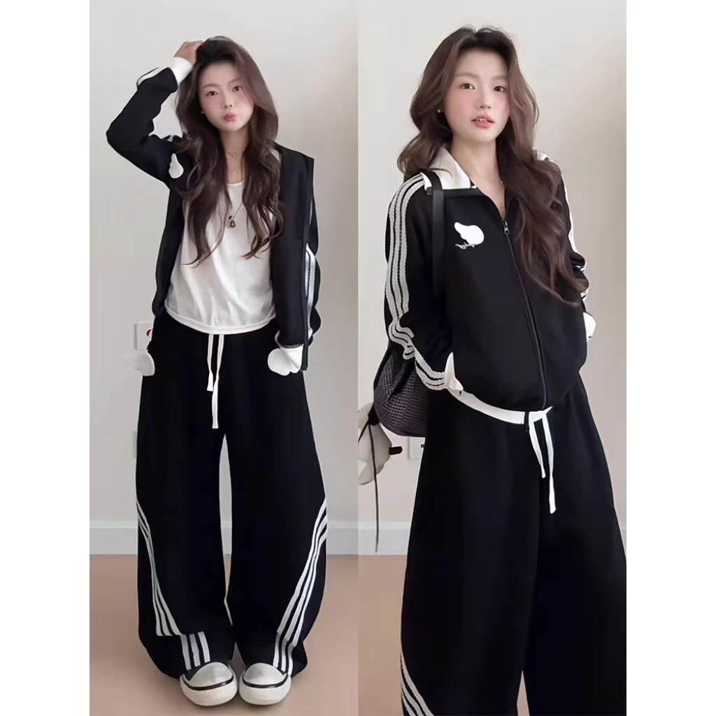 甜酷风休闲运动套装女秋季宽松显瘦拼接立领卫衣阔腿裤美式两件套