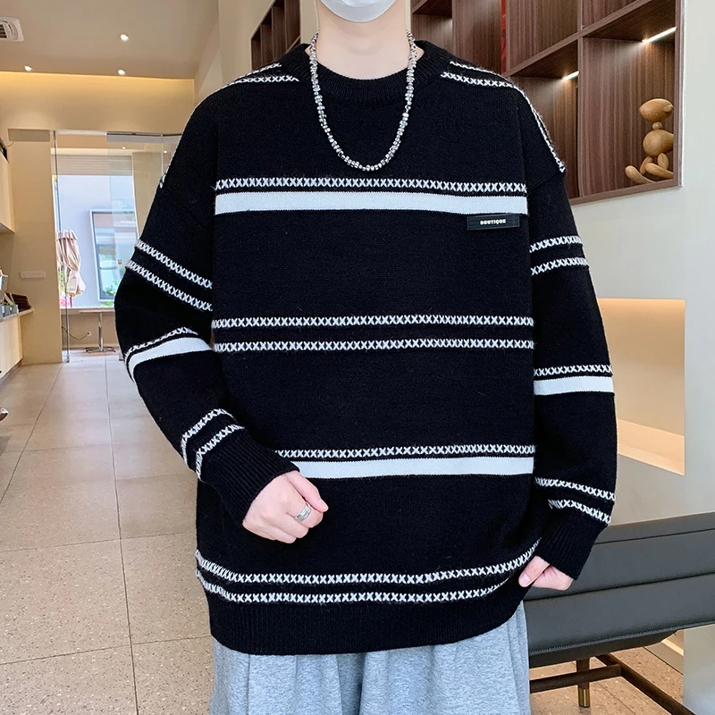 慵懒风潮牌宽松条纹毛衣男士高级感秋冬季加厚保暖线衣打底针织衫