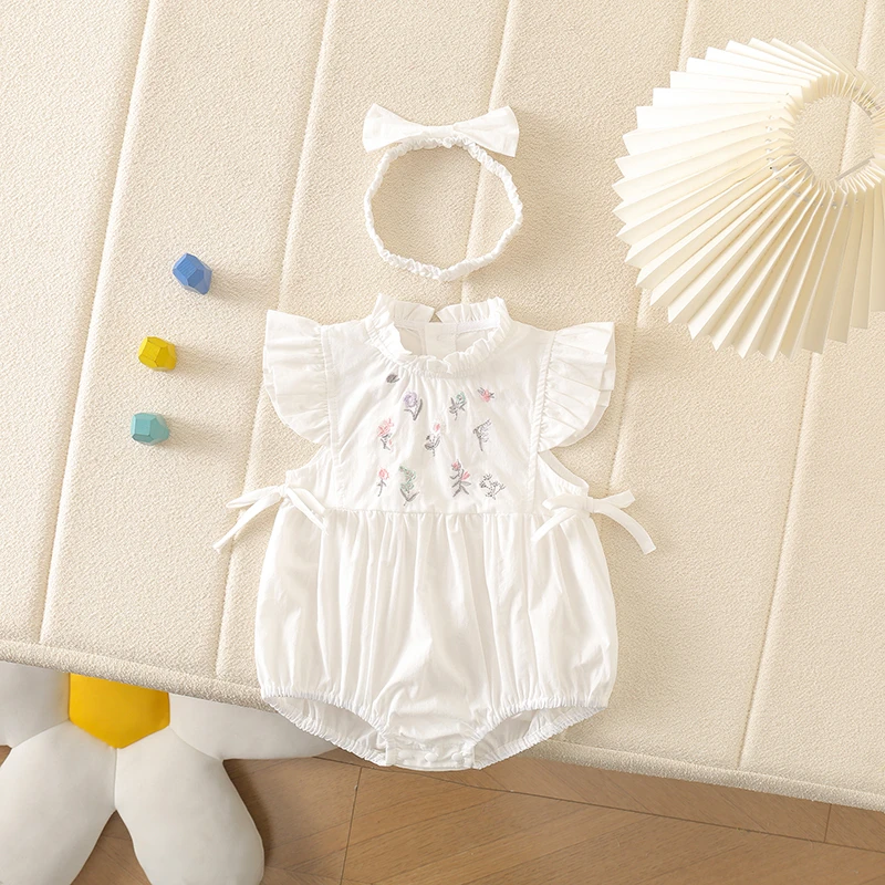 夏季无袖女童三角爬夏季哈衣爬服超萌荷叶边花朵包屁女宝连体衣