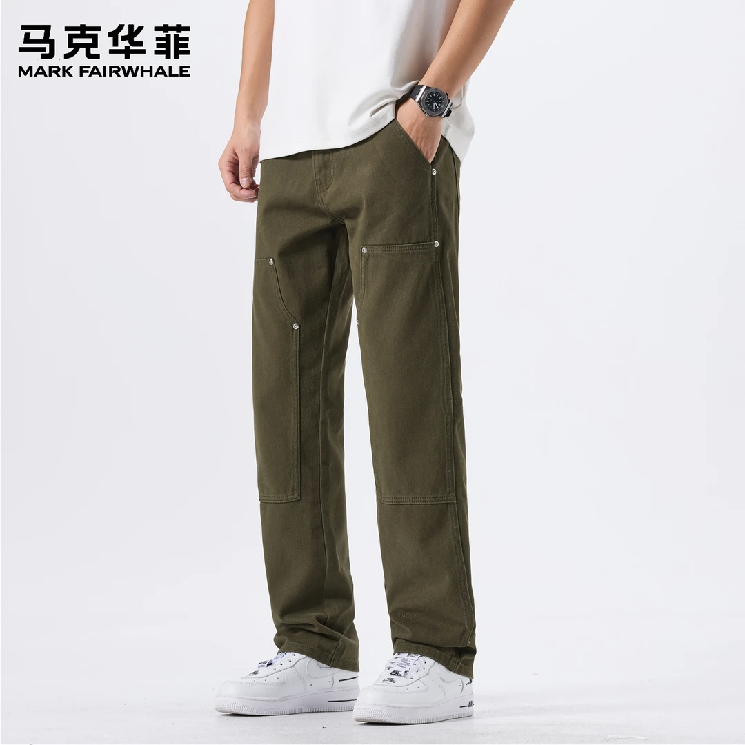 马克华菲秋季纯棉纯色牛仔裤男美式休闲宽秋季美式弯刀直筒牛仔裤