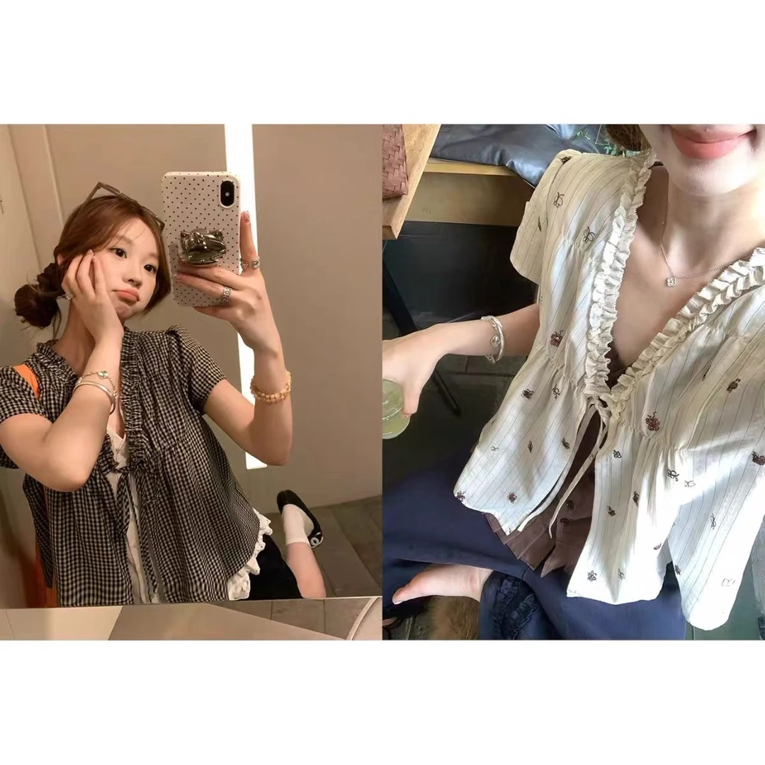 【6.15晚8点】im向 假两件！木耳边对丝工艺撞色宽松系带小衫设计感