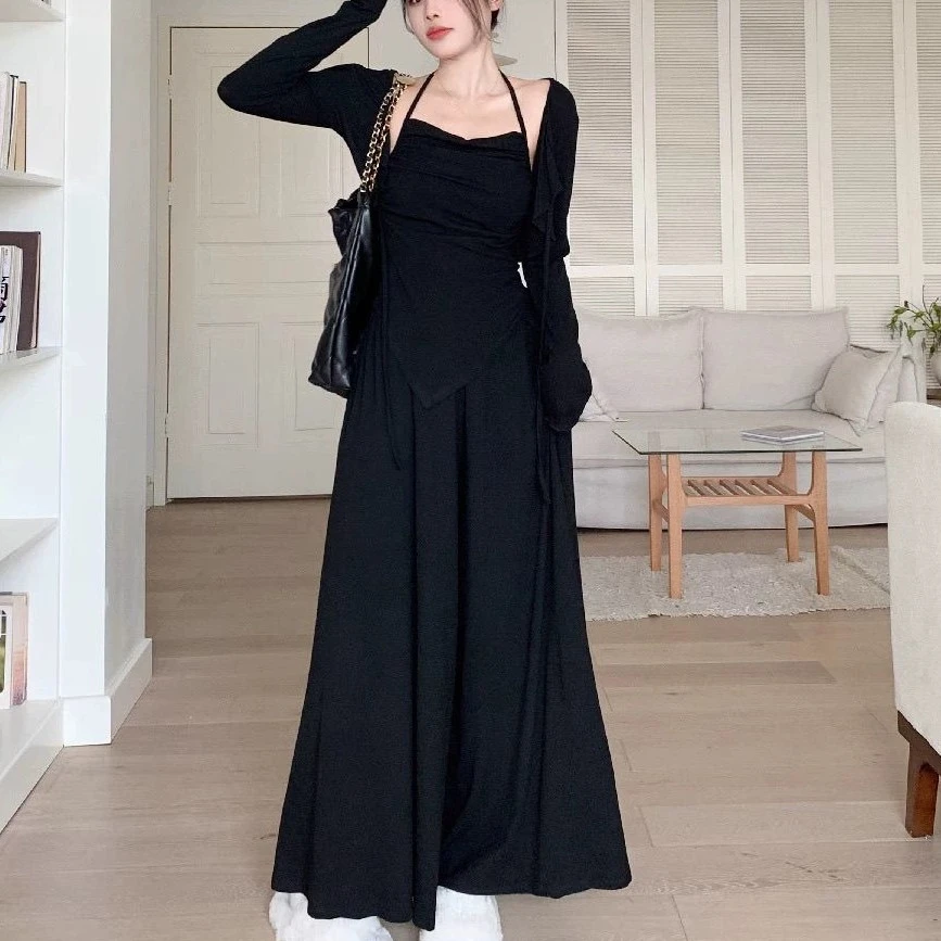 大码胖MM高级感慵懒风不规则吊带防晒开衫女春秋垂感阔腿裤三套装