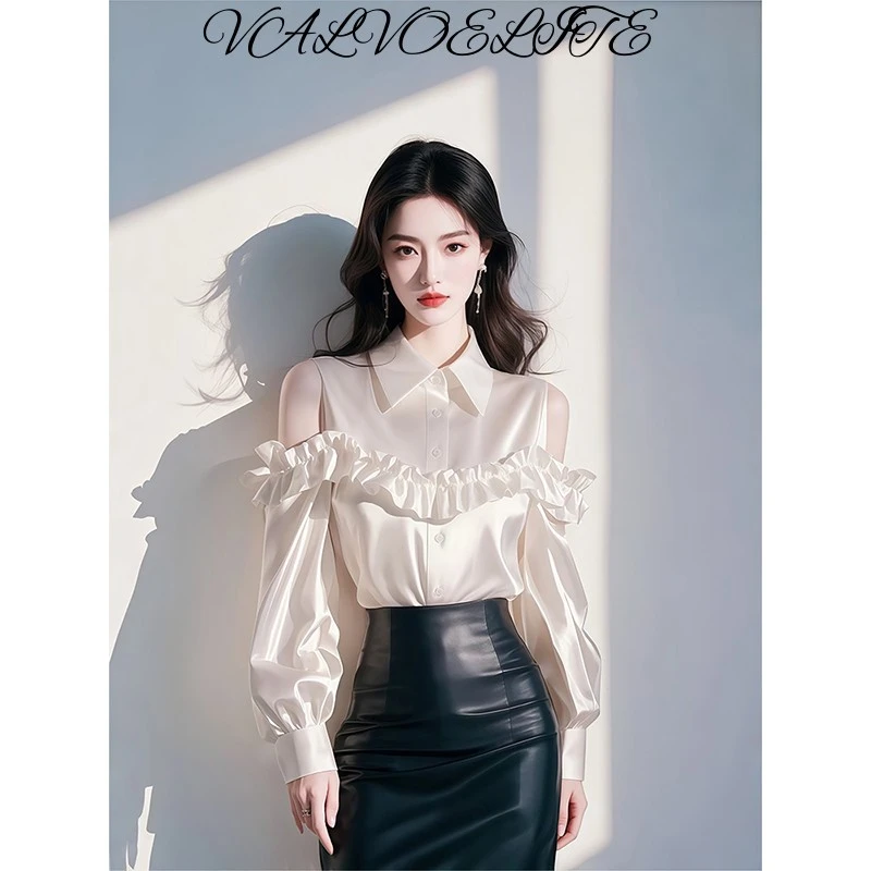 白色缎面长袖衬衫春装女款2025年新款爆款小衫气质荷叶边露肩上衣