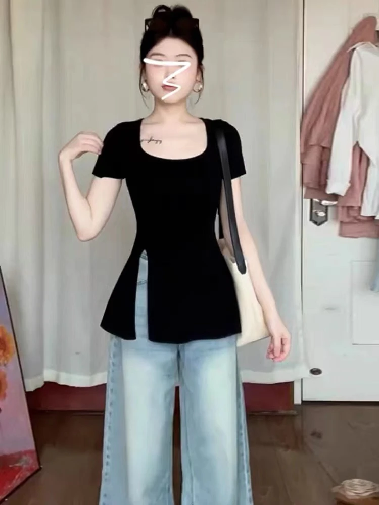 A欧若风式纯欲风开叉方领短袖夏季新冰丝针织甜辣设计感上衣9064#