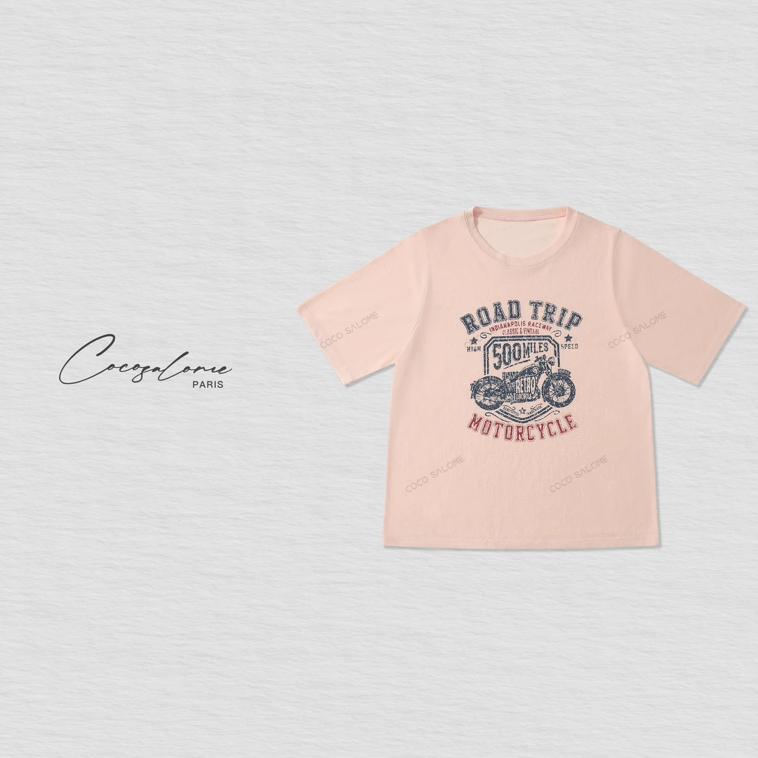 韩彬彬"粉摩托"夏季甜辣风樱花粉雪花肌理透气减龄百搭T恤227J-10