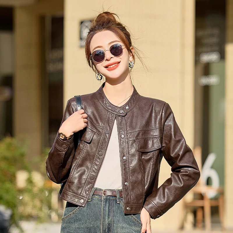 修身棕色pu皮皮衣外套女春季洋气穿搭小个子妈妈气质优雅减龄时尚