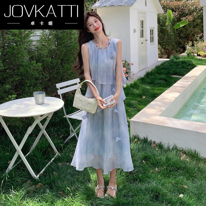 Jovkatti蓝色晕染无袖连衣裙2025新款夏季漂亮法式气质不规则