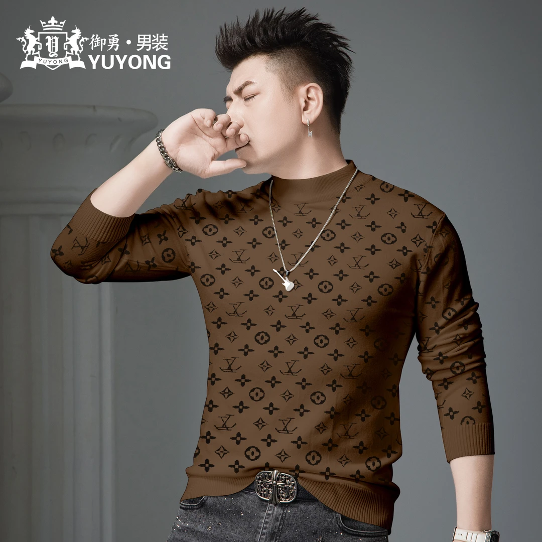 欧洲站半高领毛衣男秋冬季2025新款潮流满花针织打底衫休闲毛线衣