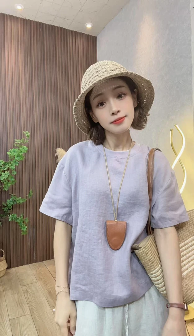 小个子休闲风多色慵懒汉麻圆领T恤夏季女百搭短袖上衣宽松