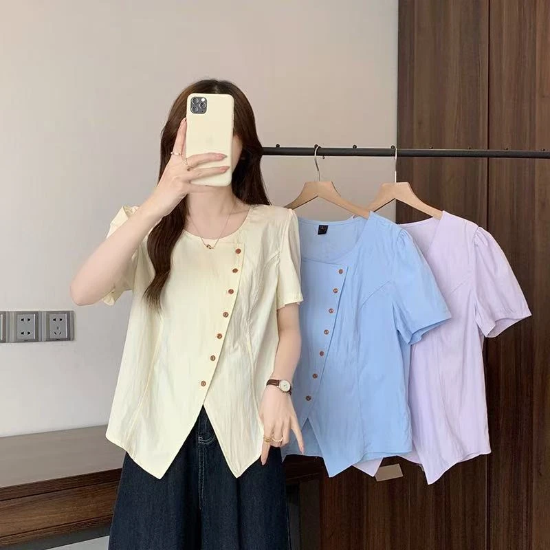 不规则泡泡袖宽松短袖小衫女2025夏季新款大码胖mm时尚百搭显瘦