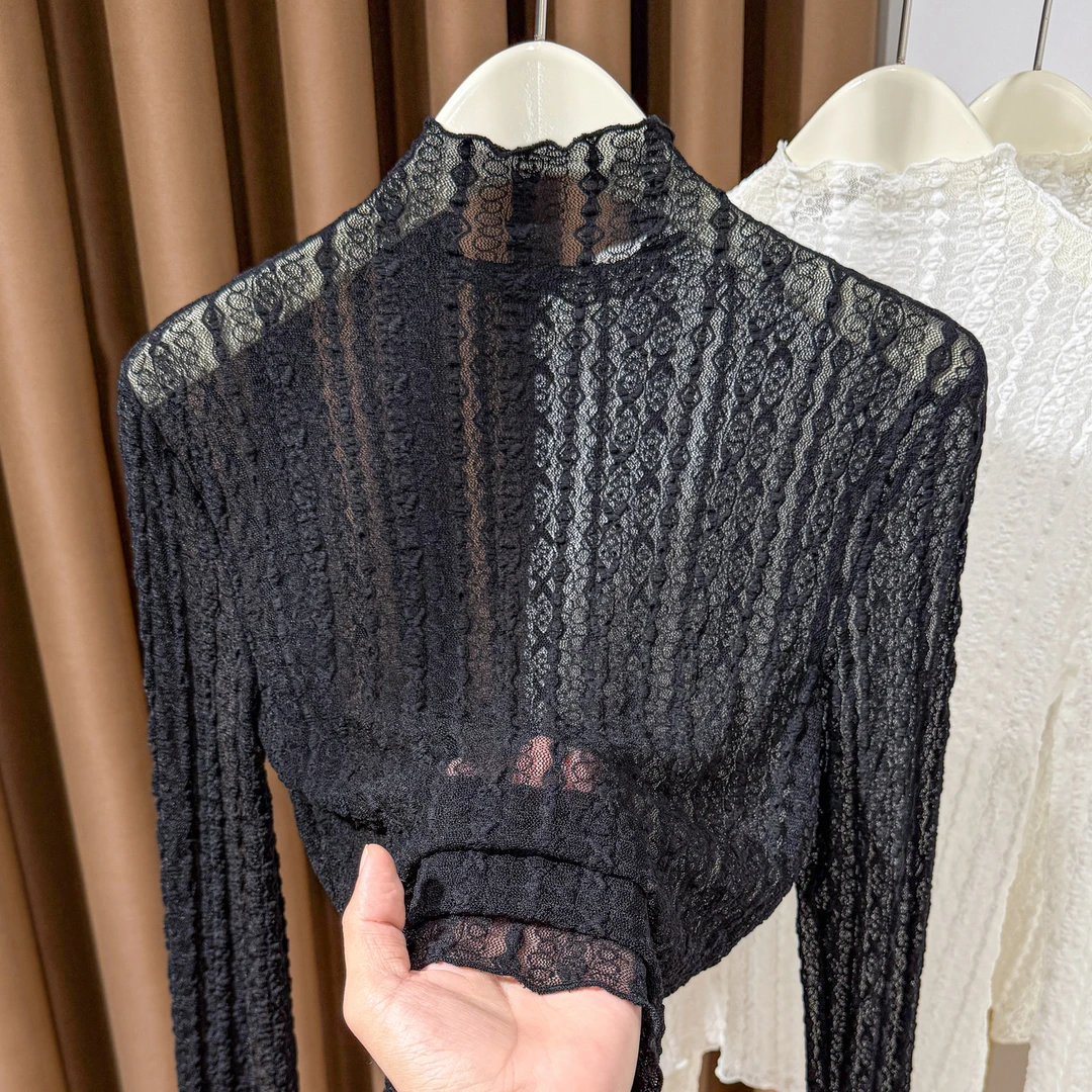 蕾丝半高领内搭洋气小衫秋冬新款叠穿纱衣高级感木耳边网纱打底