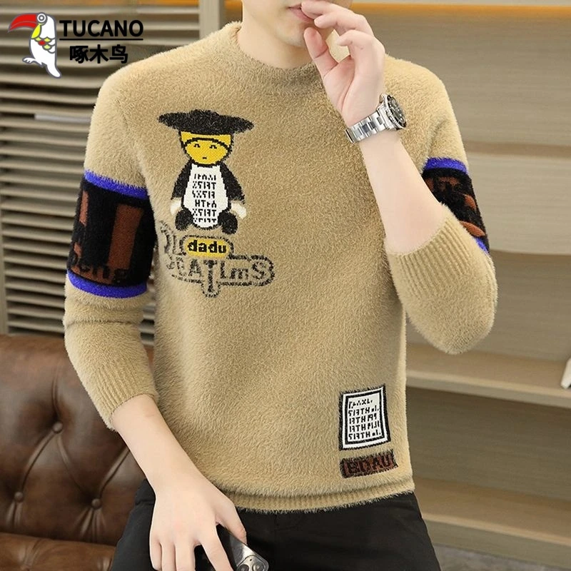 啄木鸟高档仿貂绒圆领男士毛衣秋冬季加厚爆款韩版潮流加绒保暖衫