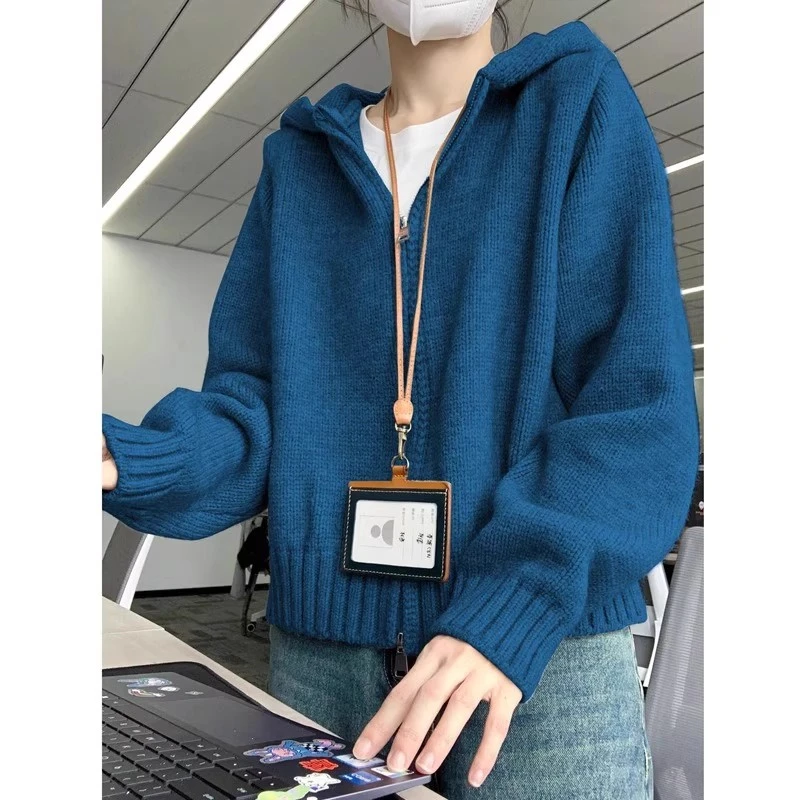 蓝色拉链外套连帽针织开衫女秋冬新款ins韩版洋气外穿短款毛衣厚