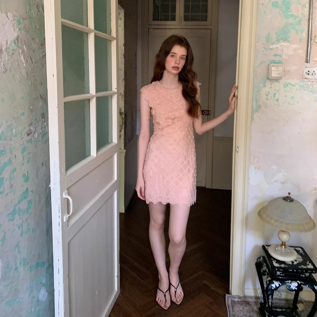 ZHUYIYI 高级感新款蕾丝无袖连衣裙女夏收腰显瘦长裙修身