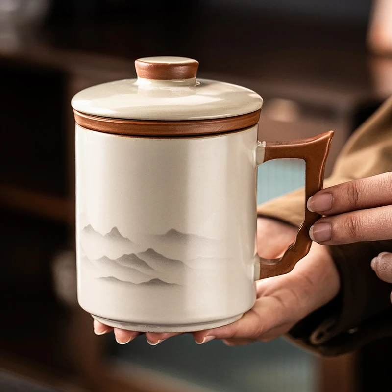 汝窑陶瓷家用泡茶杯带盖过滤茶水分离办公杯水杯大容量马克杯礼盒