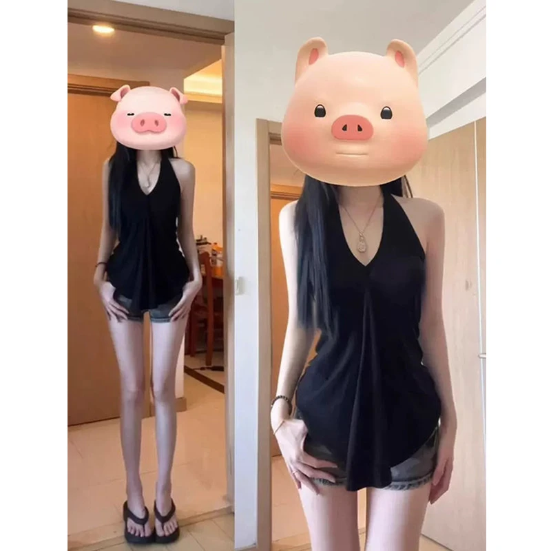 【珂塔芙】纯欲V领挂脖吊带背心女夏季修身设计感小众显瘦百搭上衣