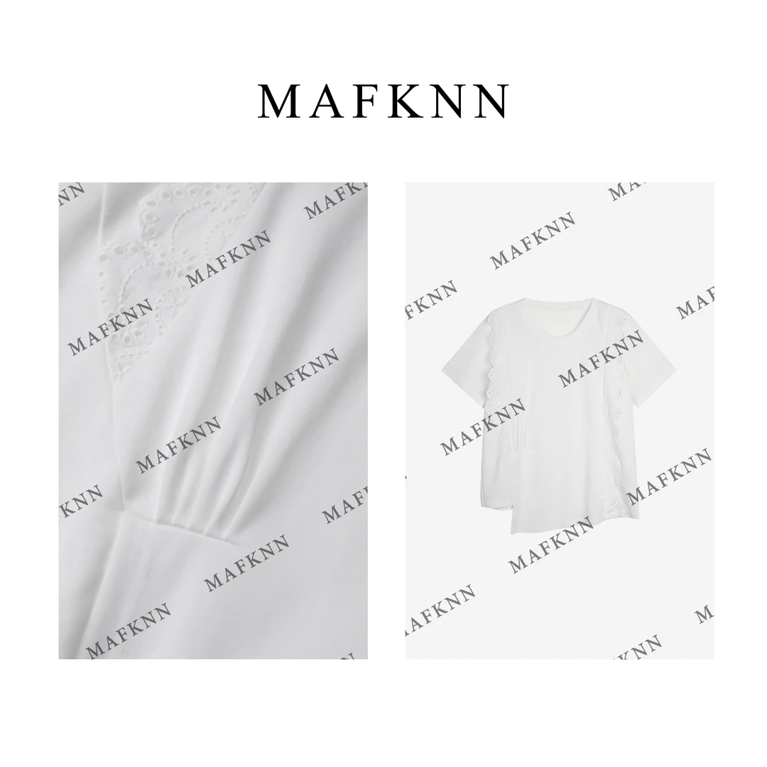 MAFKNN/玛肯时尚休闲简约纯色百搭圆领花边夏季舒适T恤MK12730