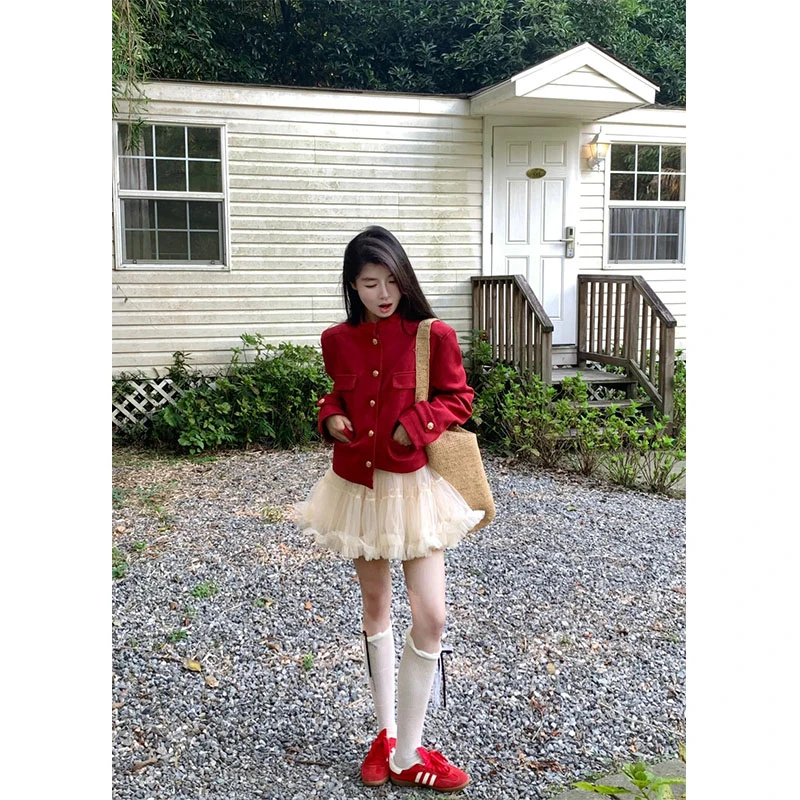 2025新款秋季气质小香风立领长袖外套女高级感百搭显瘦蓬蓬裙