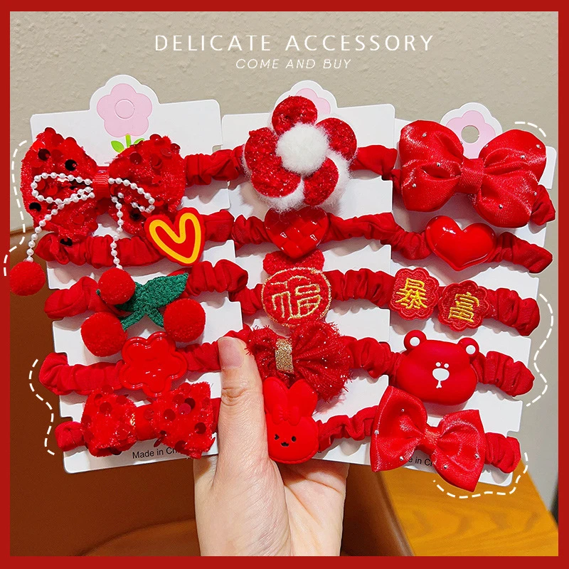 儿童红色新年头饰蝴蝶结发饰皮筋宝宝发夹夹子女孩橡皮筋发圈发卡