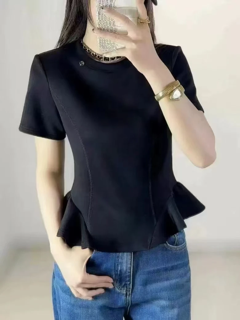 【大润】有垫肩不规则荷叶边短袖空气层上衣