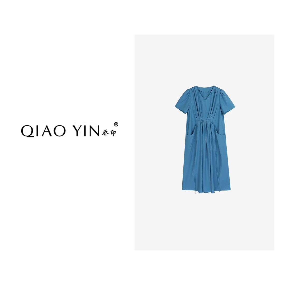 QIAO YIN"连衣裙“气质蓝色轻奢时尚夏季收腰设计师QY27558