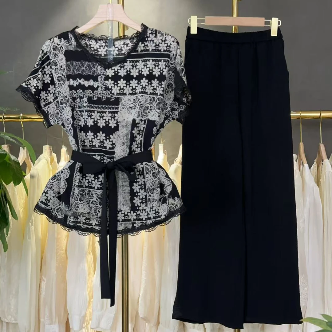 【三件套】2025夏季新款休闲百搭减龄上衣+阔腿裤+腰带套装M588