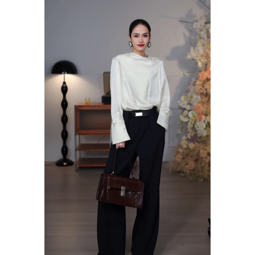 CHENG.程3店【奥法庄园】早秋新品醋酸长袖套头圆领不规则连片衬衫