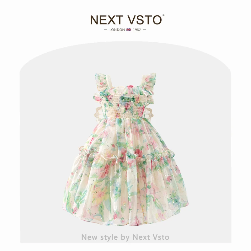 英国NEXT VSTO女童蝴蝶连衣裙夏装洋气儿童小飞袖碎花吊带公主裙