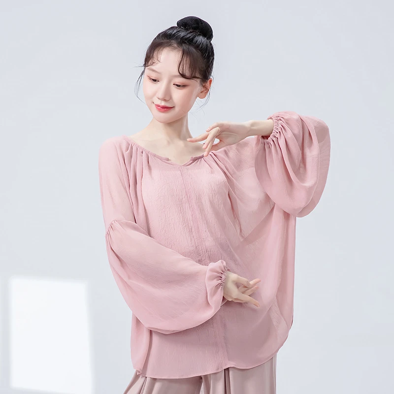 现代舞练功服女秋季新款落肩长袖V领中国风纹理设计感宽松舞蹈服