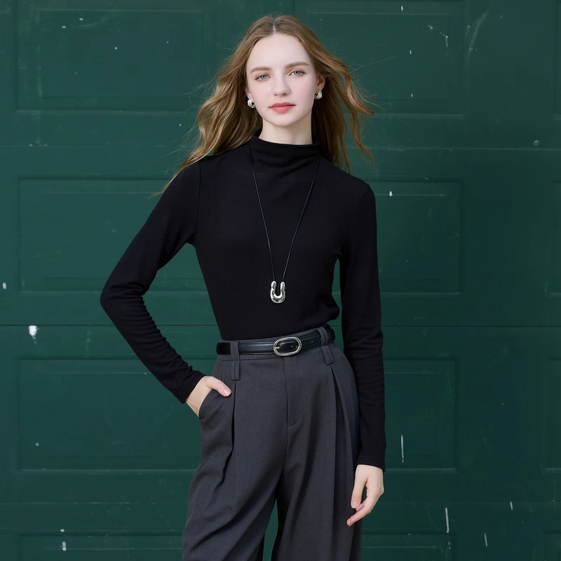 三彩2025冬季新款半高领T恤磨毛套头打底衫上衣长袖修身休闲女Z