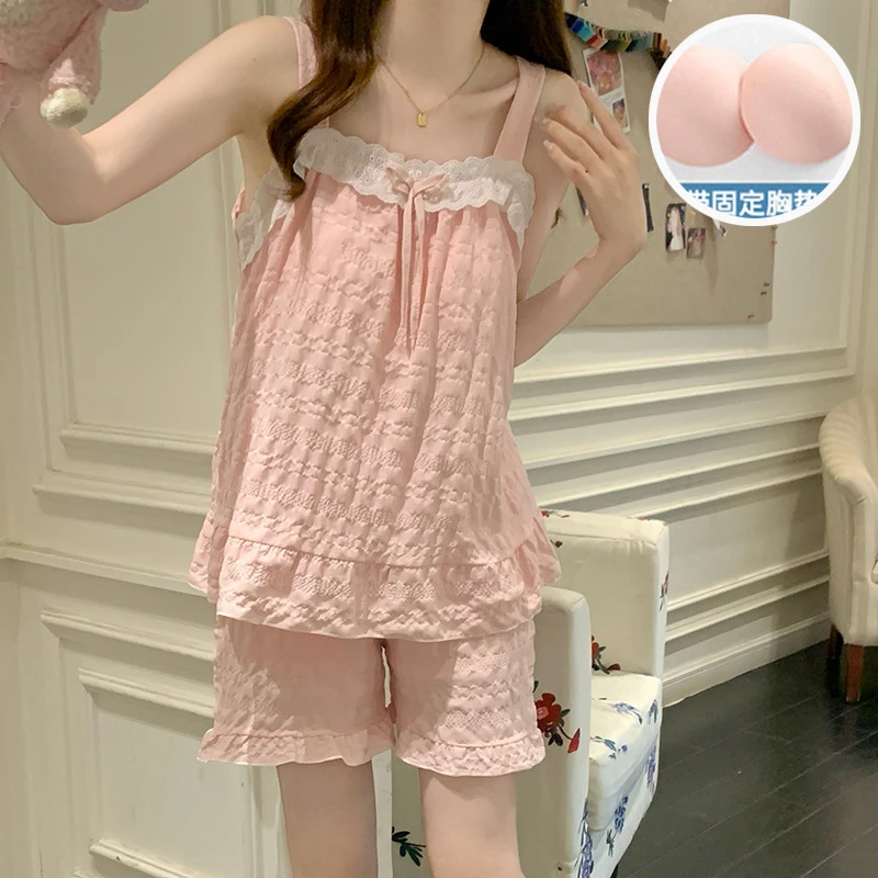 睡衣女款带胸垫一体吊带短裤2025新款夏季云朵棉甜美家居服套装