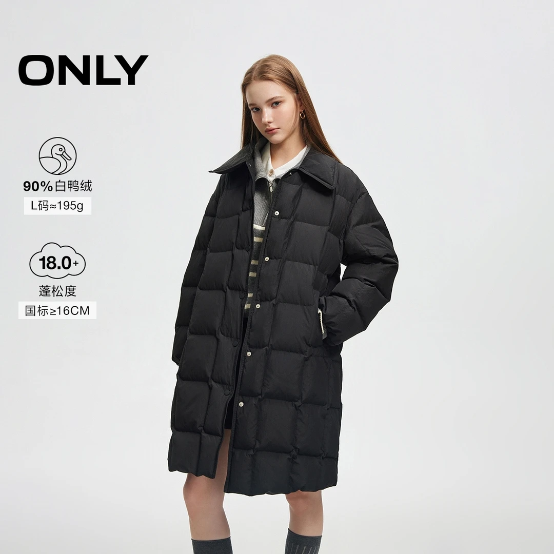 【反季优惠】ONLY90白鸭绒休闲翻领宽松中长款羽绒服女|124412005
