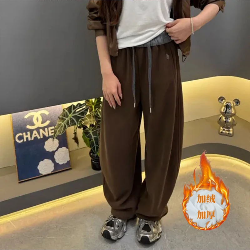 【加绒加厚】刺绣小标拼色高腰高定美式弯刀阔腿裤显瘦休闲裤2559