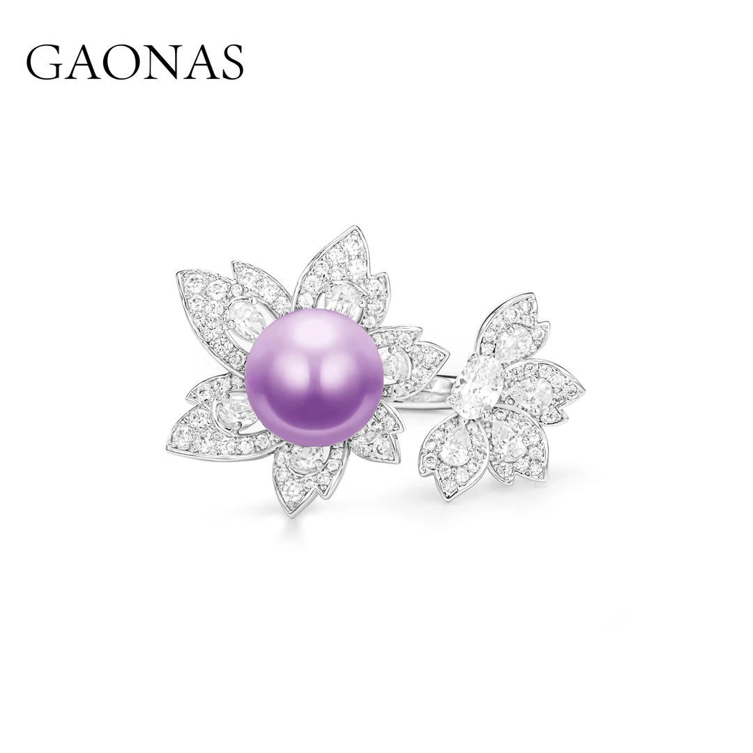 GAONAS 925银仿珍珠戒指 星空紫花朵设计紫色珠开口戒11453JPR