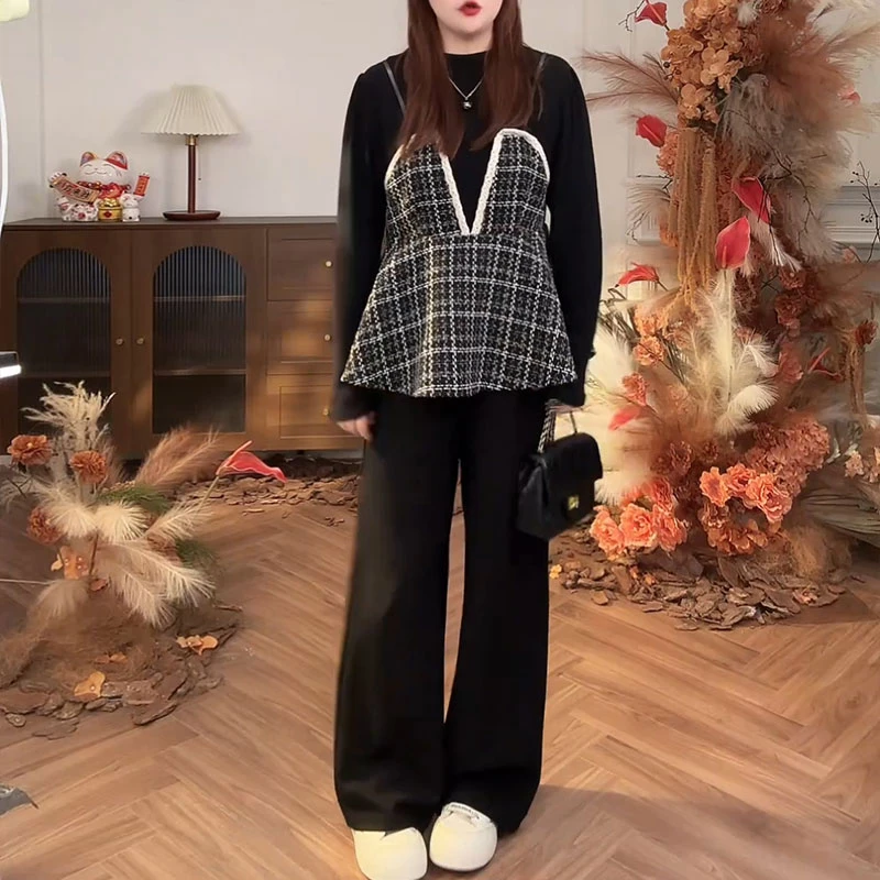 2025秋新款设计感小香风假两件上衣休闲裤两件套洋气显瘦套装女