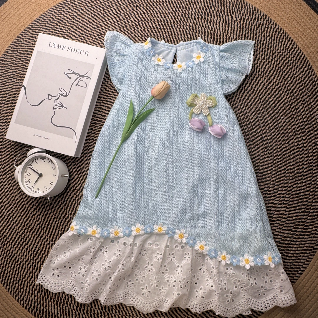 【亲子装】IEF/爱依服2025夏季新款洋气拼接设计感蕾丝蓝色连衣裙