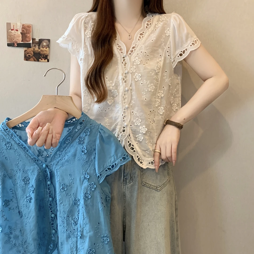 夏季新款甜美风大码女装立体花开衫款短袖上衣女装宽松显瘦