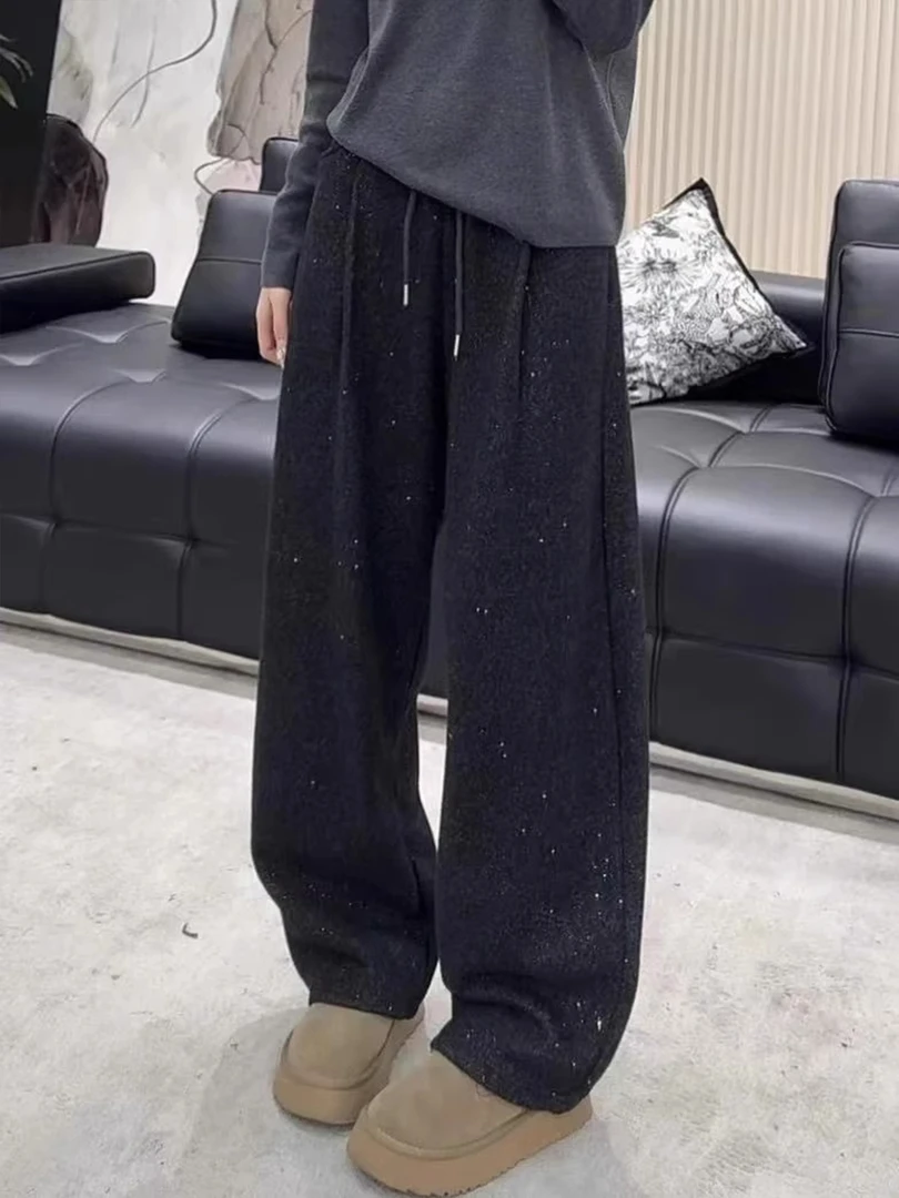 加绒加厚毛呢卫裤女冬季新款大码梨形身材宽松显瘦垂感直筒休闲裤