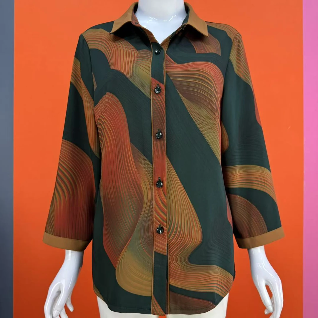 夏季新款小金色翻领不规则彩条纹络光滑细腻柔嫩妈妈开衫