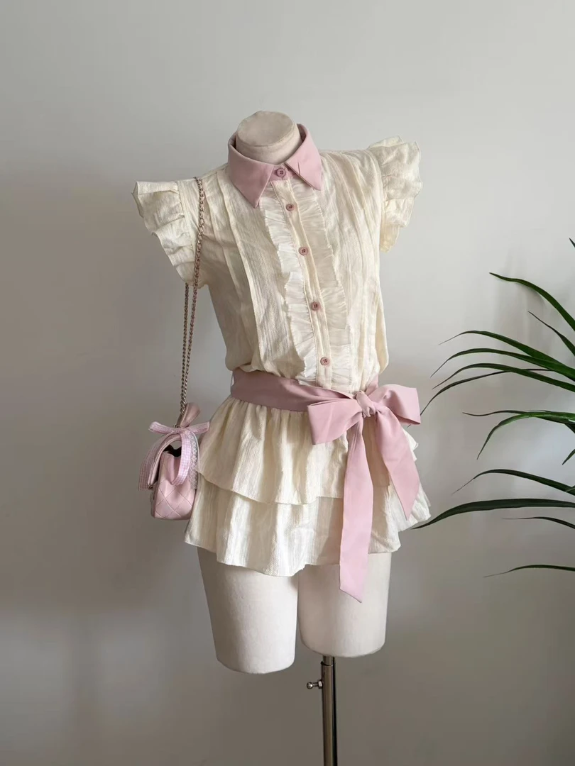 微暇款 vintage双色打底连衣裙短款 挂脖温柔风甜美