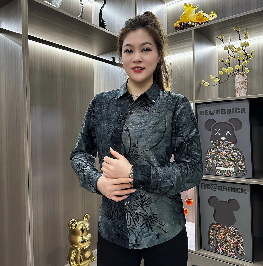 2025男士春秋衬衫长袖时尚休闲潮流修身印花植绒个性韩版痞帅F229