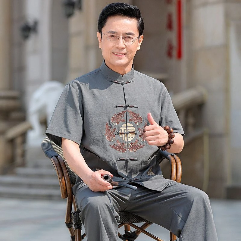 唐装男爸爸夏装短袖冰丝中国风衣服中老年人爷爷夏季汉服休闲套装