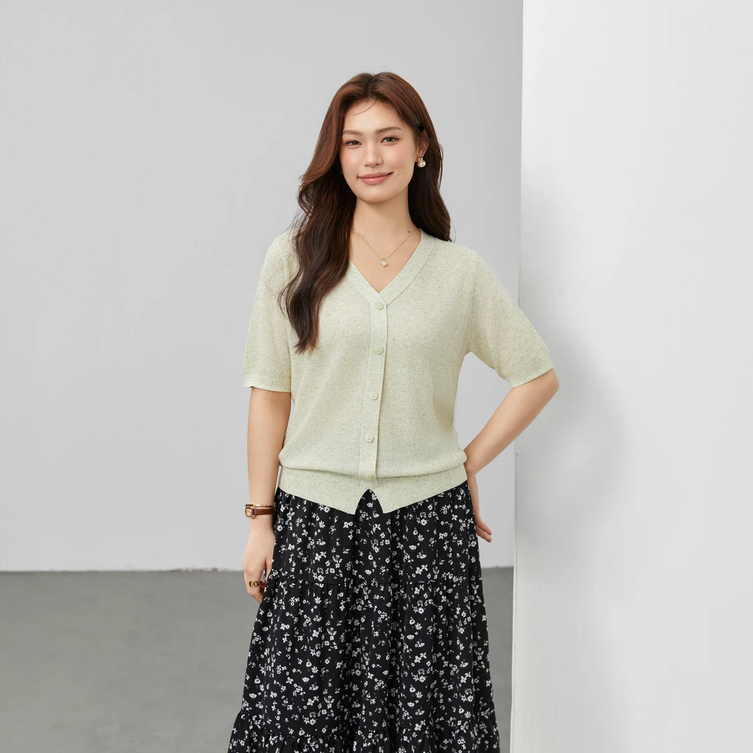 【樱花信笺】纤莉秀W大码女装慵懒风V领短袖针织衫外搭开衫QK1551