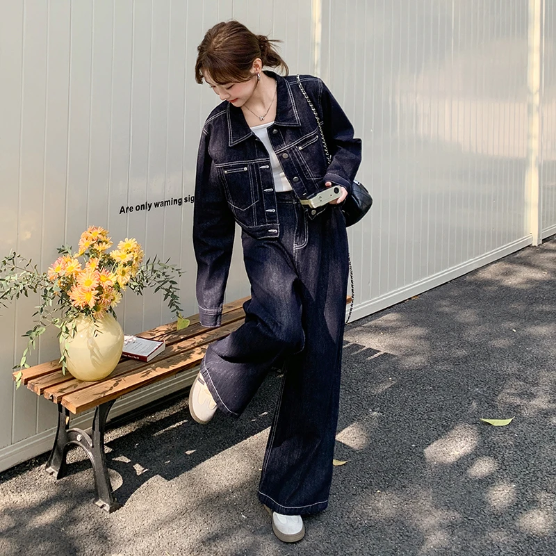 港风设计感复古牛仔套装女2025春季又酷又飒气质显瘦阔腿裤两件套