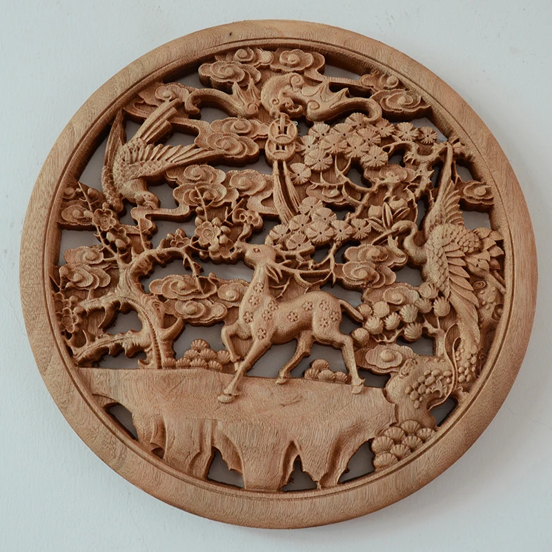新中式东 木雕香樟实木头雕刻工艺品挂件圆形客厅玄关壁挂装饰画