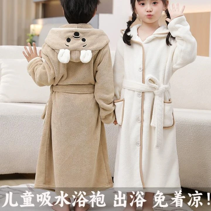 吸水儿童浴袍涤锦珊瑚绒毛巾料中大童家居服宝宝睡衣加厚卡通可爱
