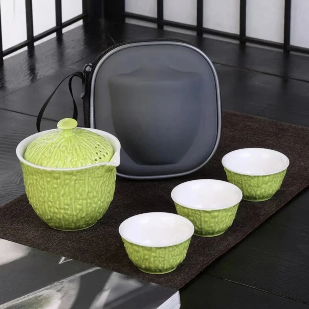 F266旅行茶具苦瓜陶瓷快客杯简约露营户外收纳百财一壶3杯D